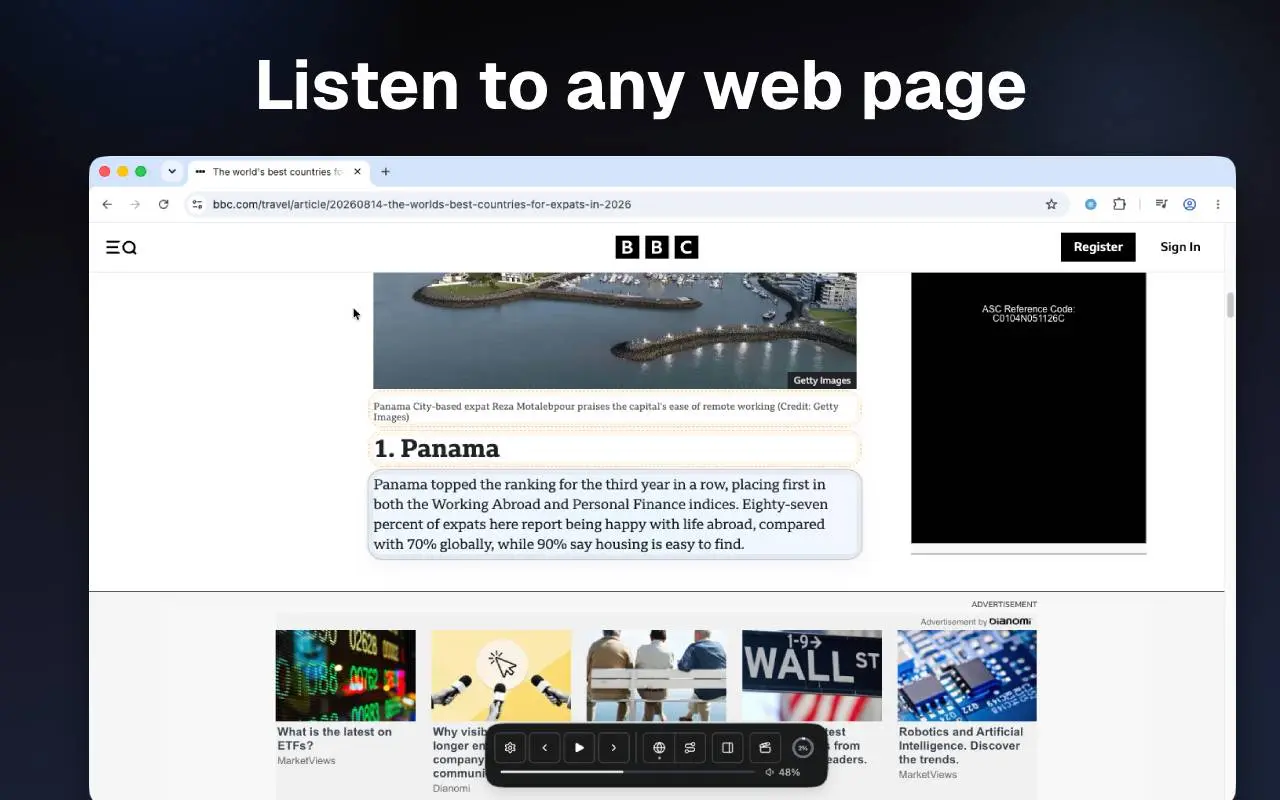 Flow TTS player overlay reading a BBC article, with page sections outlined