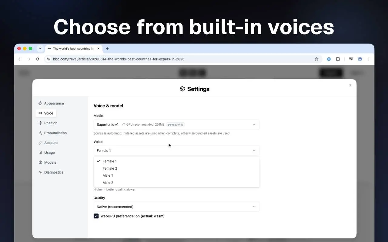 Settings open on Voice, choosing a built-in Supertonic voice