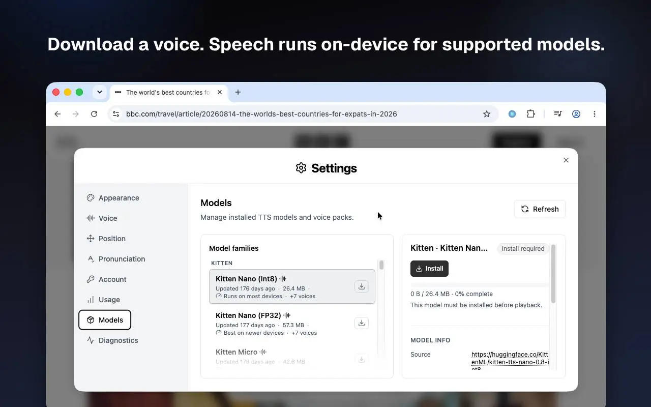 Settings Models tab installing a Kitten voice pack for on-device speech