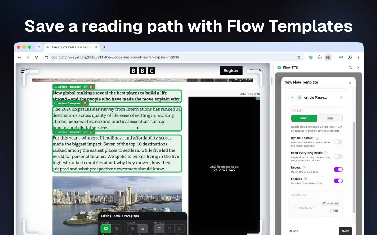 Flow Template editor highlighting article paragraphs to save a reading path