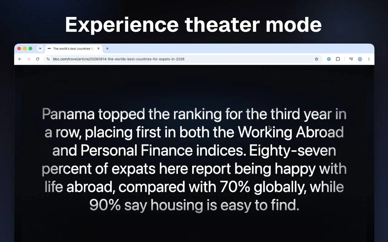 Theater mode showing the article as large high-contrast text